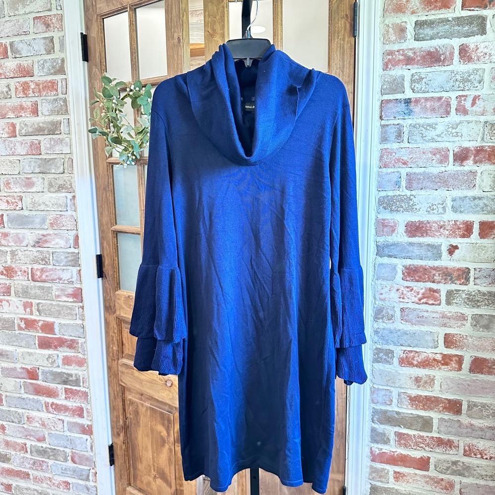 Nina Leonard Sweater Dress Women Navy Cowl Neck Tiered Ruffle Sleeve XL
